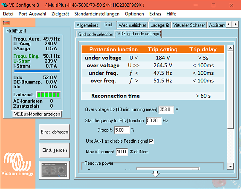VEConfigure 3 MultiPlus II 48/5000/70-50 VDE grid code-settings