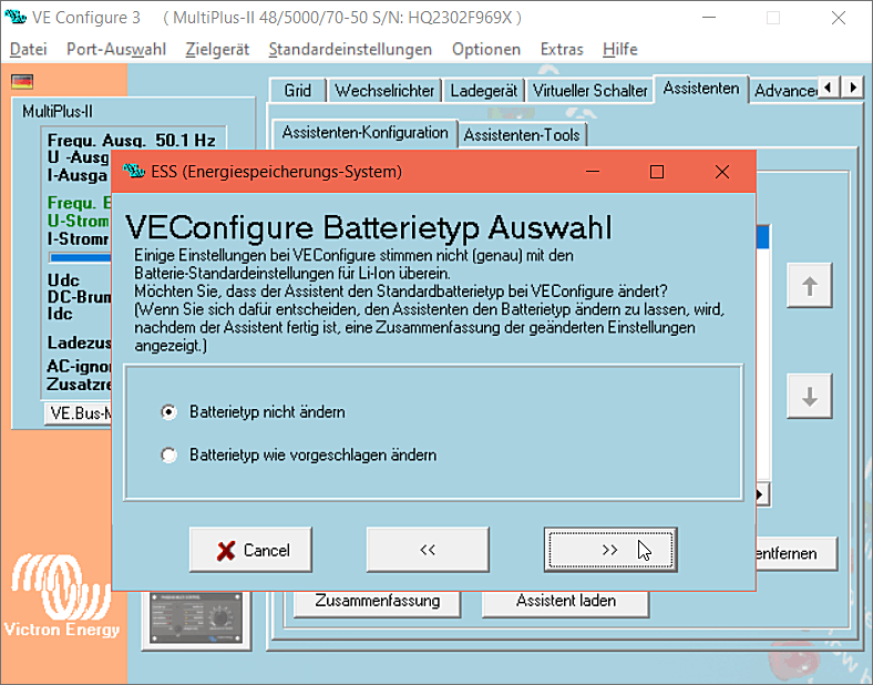 VEConfigure 3 MultiPlus II 48/5000/70-50 Batterietyp Auswahl - hier den Batterietyp nicht ändern