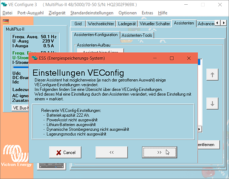 VEConfigure 3 MultiPlus II 48/5000/70-50 Einstellungsübersicht von VEConfig (Zusammenfassung)