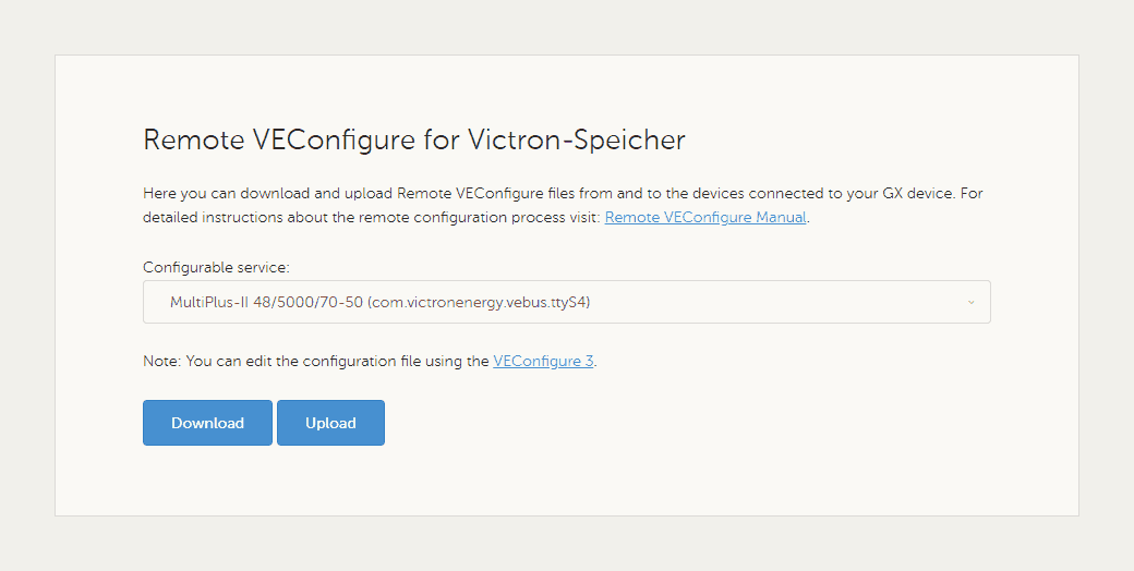 Victron Remote VEConfigure download/upload VEConfigure files
