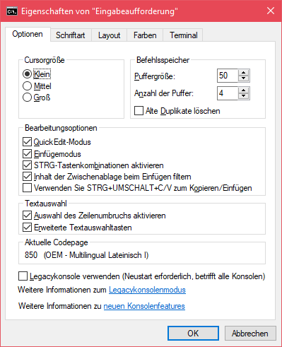 Eingabeaufforderung cmd.exe / Windows originale Einstellungen